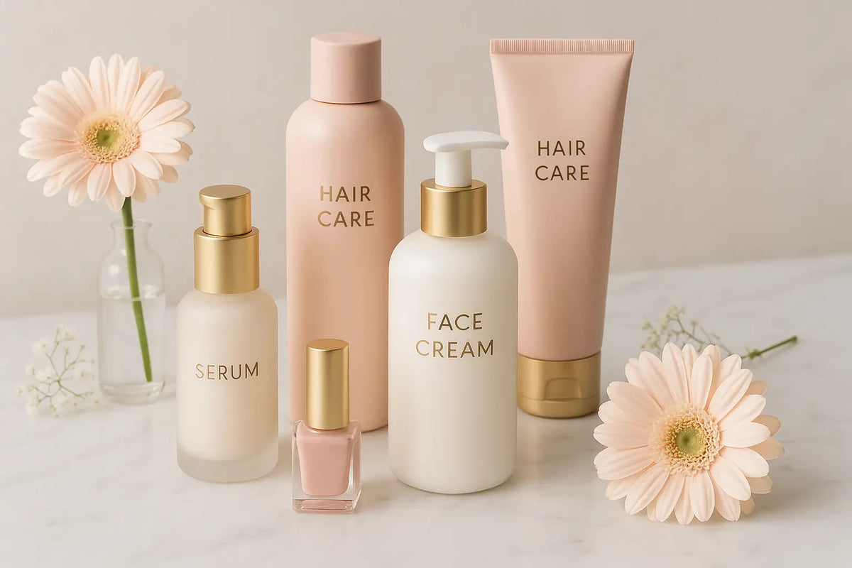 Ein elegantes haut haare nägel pflegeset mit matten blush-rosa und weißen flaschen mit goldakzenten