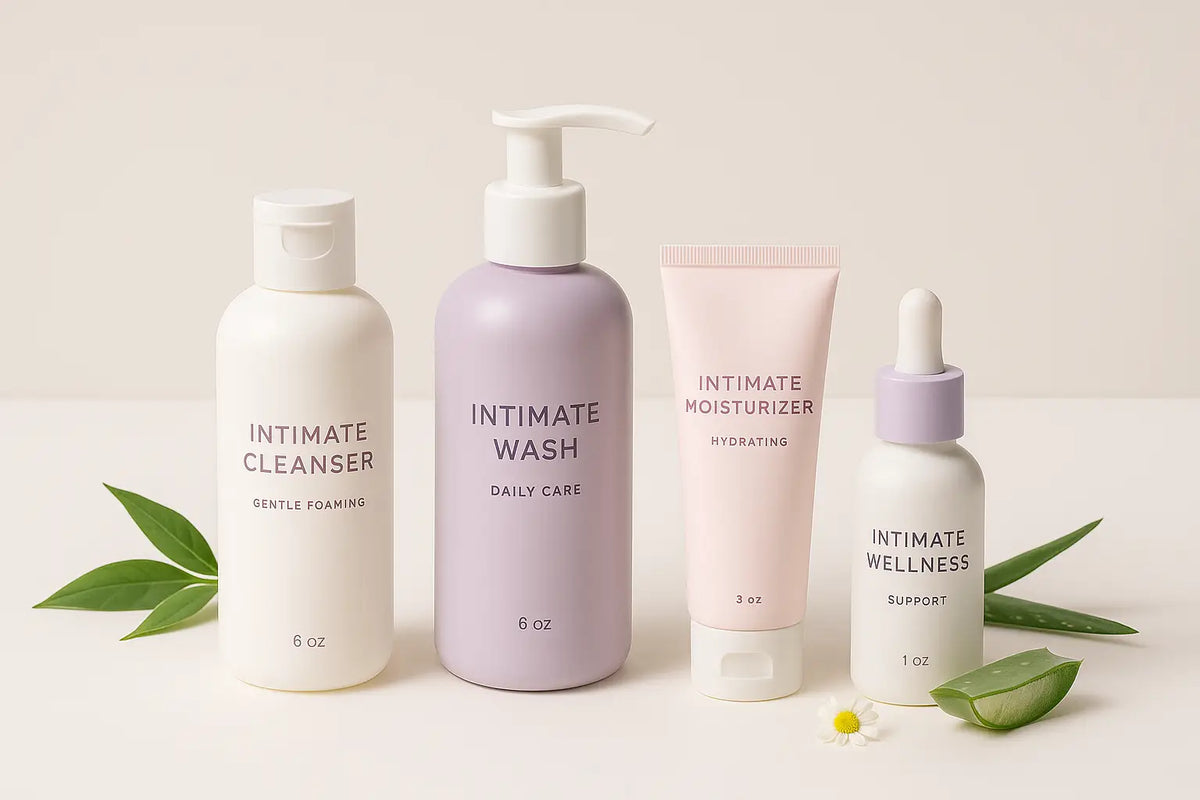 Ein minimalistisches set mit vier natürliche intimpflege produkten in pastellfarben zum intimpflege kaufen