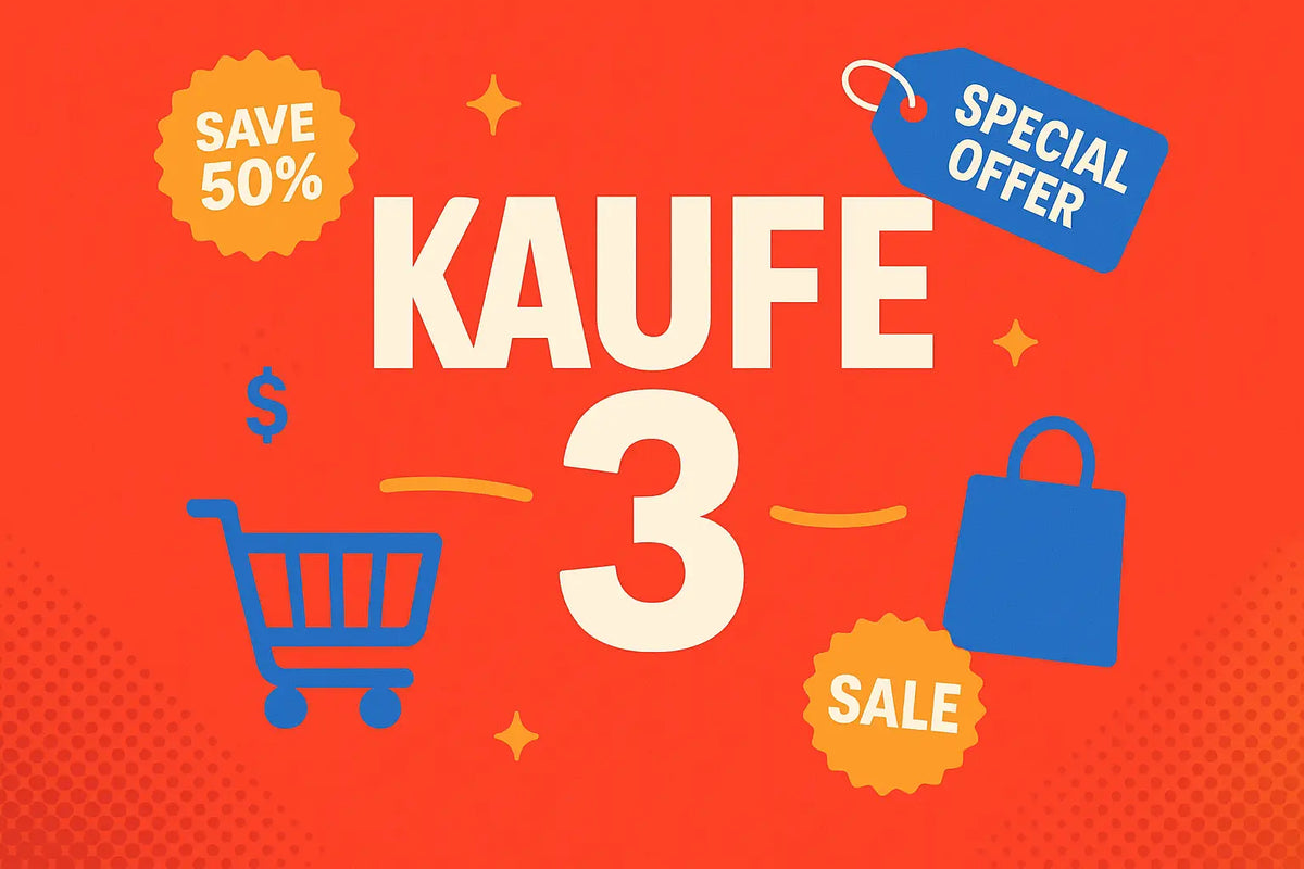 Vibrante orange aktion grafik kaufe drei mit weißen texten blauen einkaufswagen und gelben rabatt etiketten