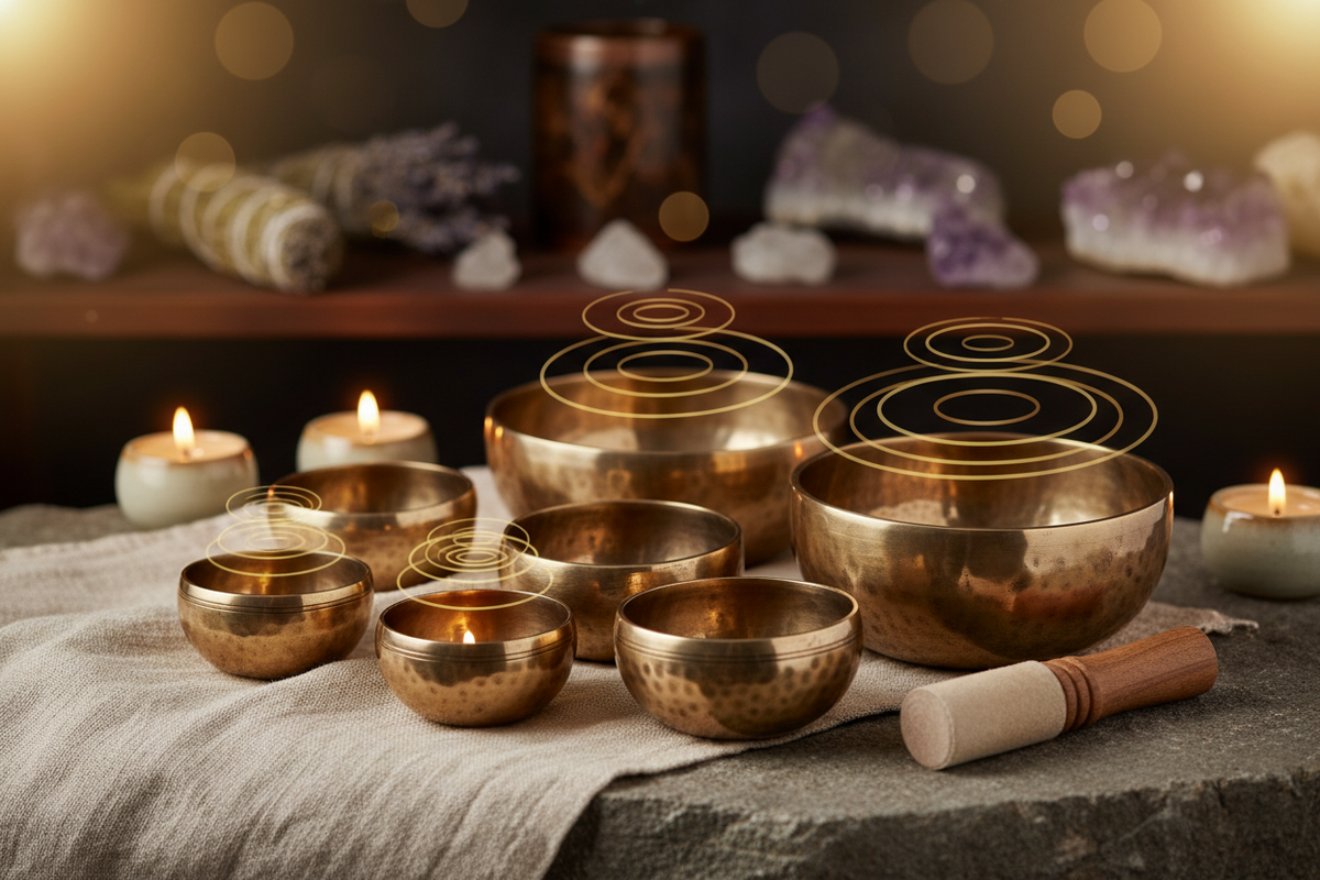 Set aus goldfarbenen, handgehämmerten messinklangschalen mit holzklöppel tibetische klangschalen kaufen schweiz