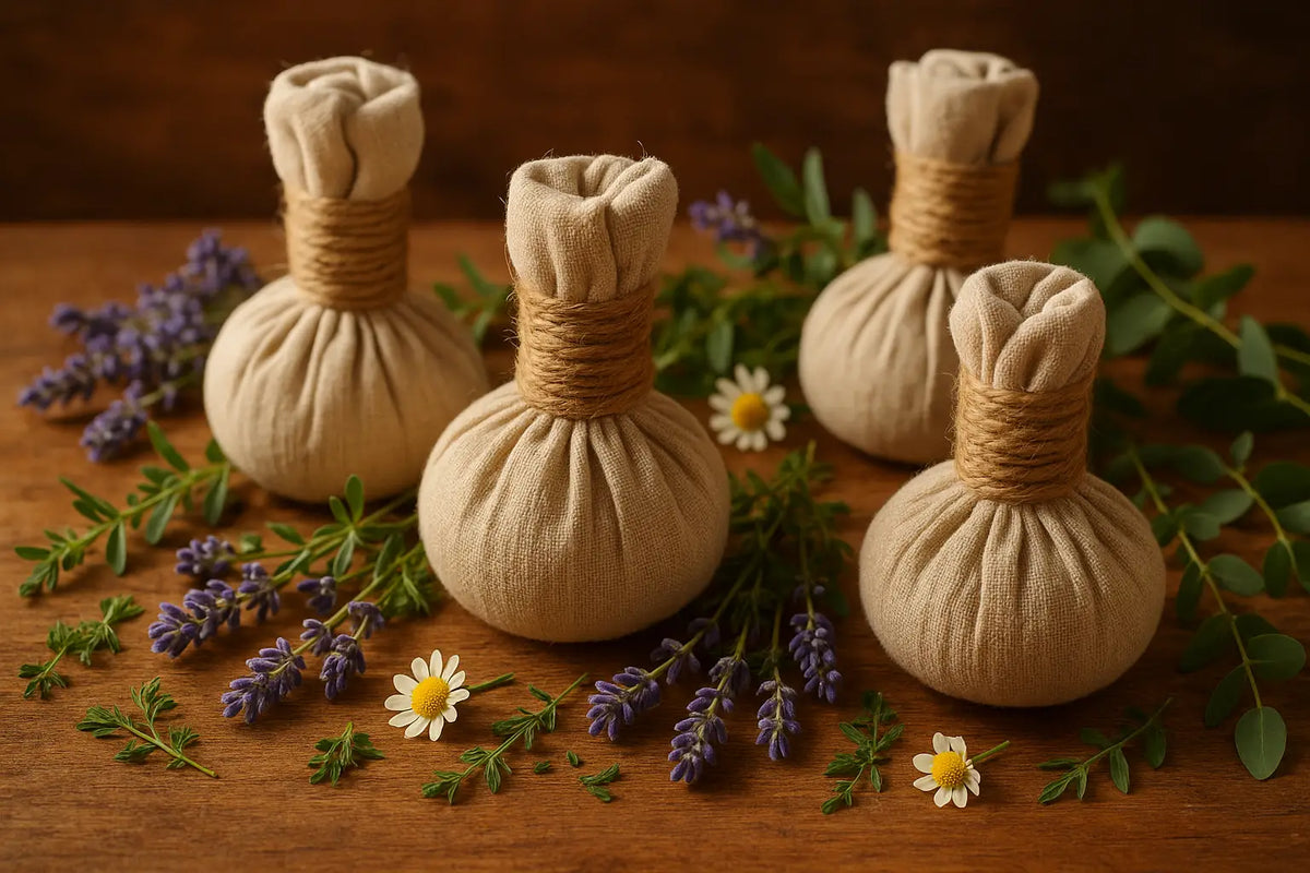 Beige stoff kräuterstempel mit naturband, an lavendel und gänseblümchen für hochwertige kräuterstempel kaufen und tiefe entspannung