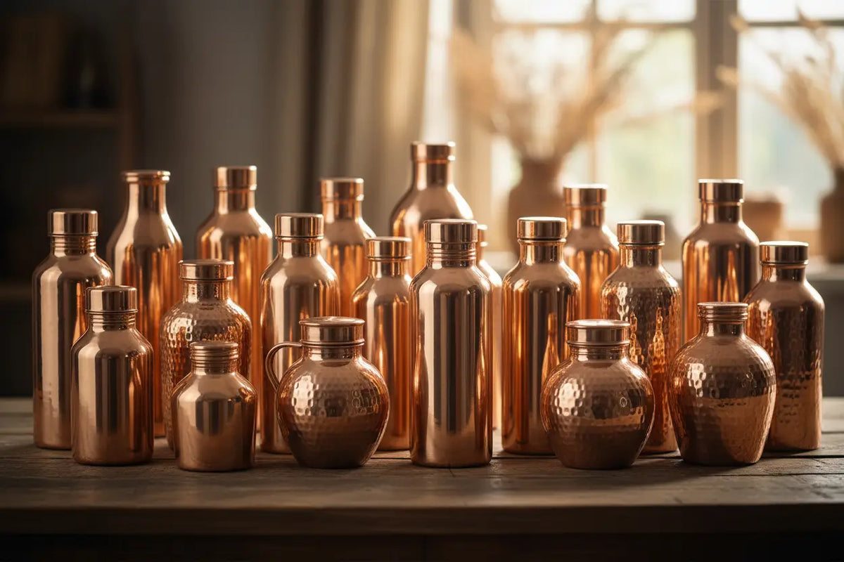 Kupferflaschen ayurveda kaufen in verschiedenen formen und größen mit gehämmerter oberfläche für yoga und lifestyle