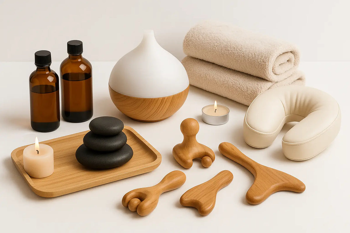 Weißer und holzfarbener ätherischer öl diffuser mit schlanker tropfenförmiger spitze hochwertiges massage zubehör