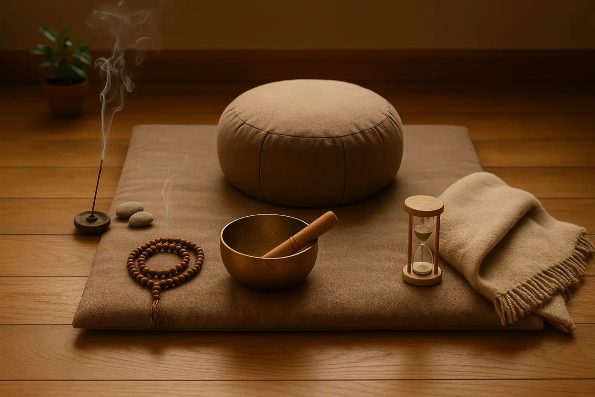 Beige meditation kissen mit gesteppter naht und weicher, hochwertiger meditation zubehör-textur