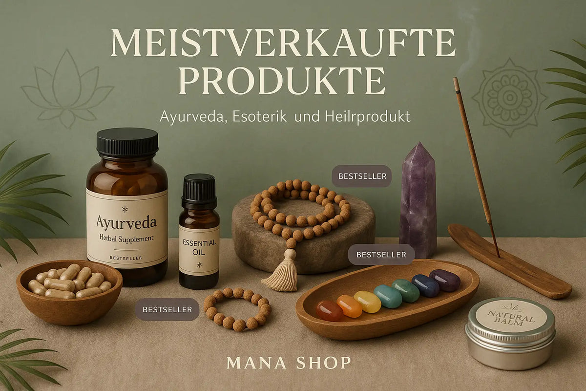 Ein holzschale mit bunten, polierten edelsteinen in regenbogenanordnung aus den meistverkauften produkten des mana shop
