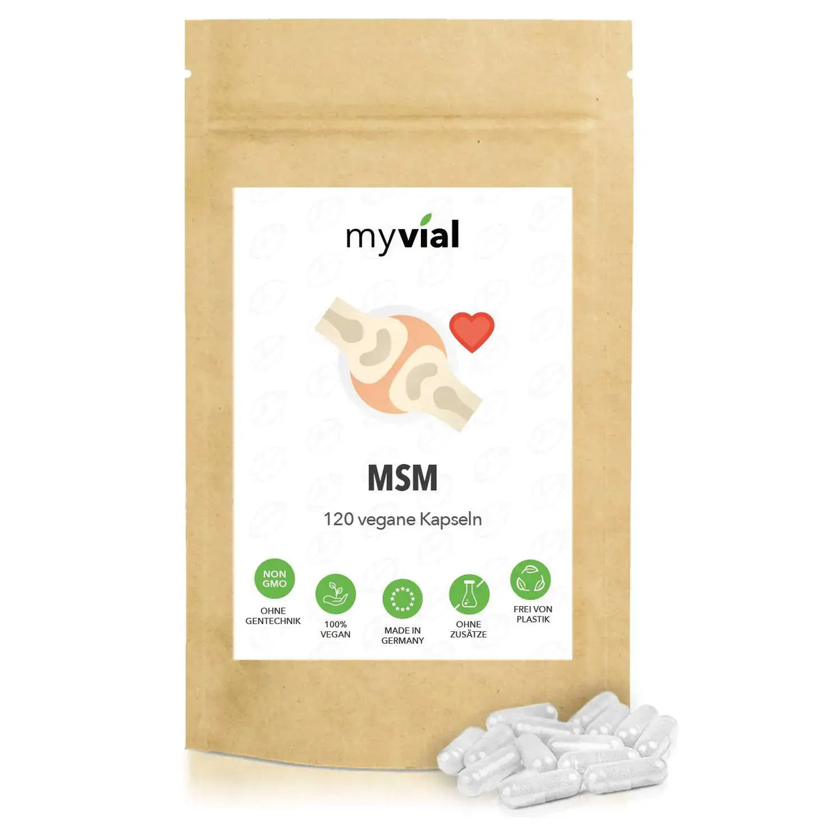 Myvial msm methylsulfonylmethan supplement in braunem beutel mit 120 weißen veganen kapseln organischer schwefel mana shop