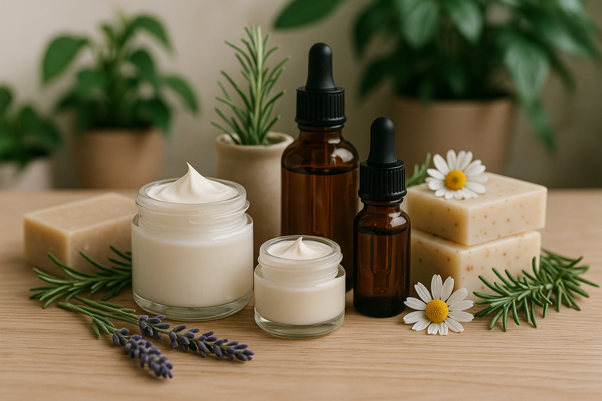 Glasgefäß mit cremiger weißer lotion und pipettenverschluss umgeben von lavendel und kamille hochwertige naturkosmetik schweiz