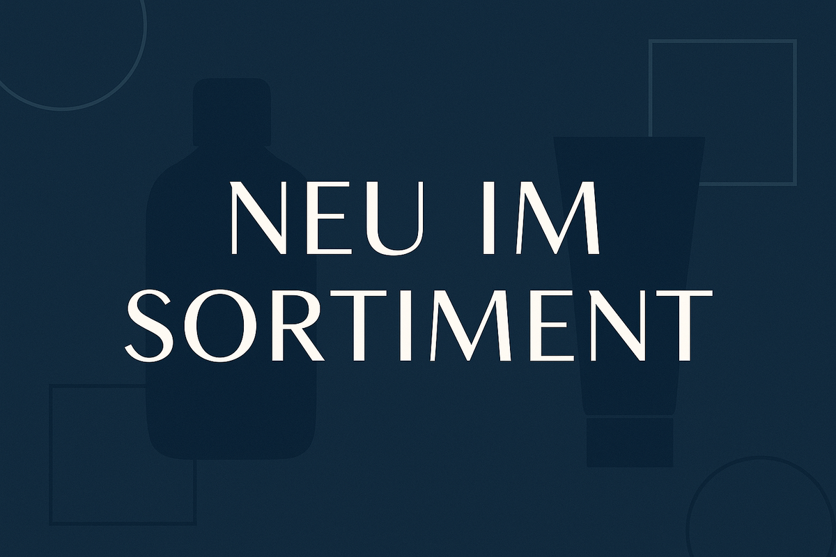 Neu im sortiment text in weißer schrift auf dunkelblauem hintergrund für mana shop neuheiten naturkosmetik
