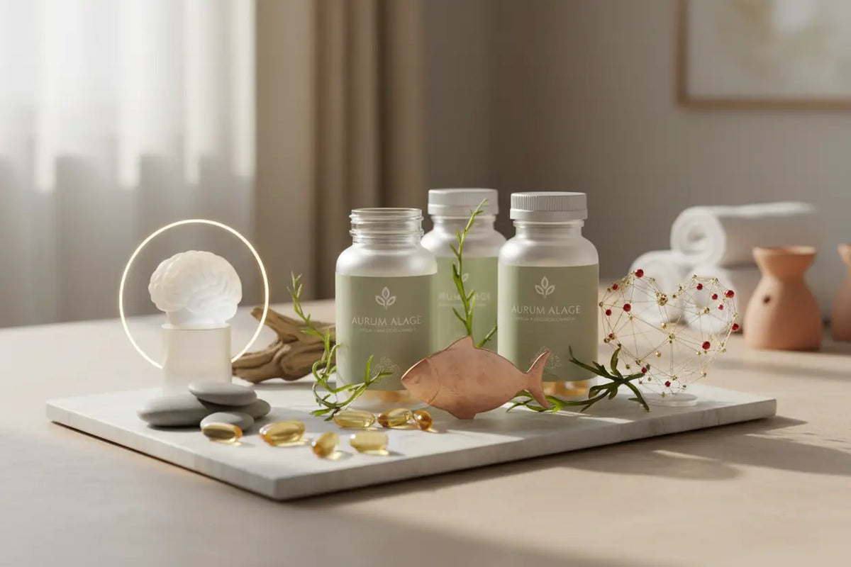 Drei hochwertige omega 3 flaschen mit weißen kapseln auf marmor tablett im mana shop zur herz und gehirn balance