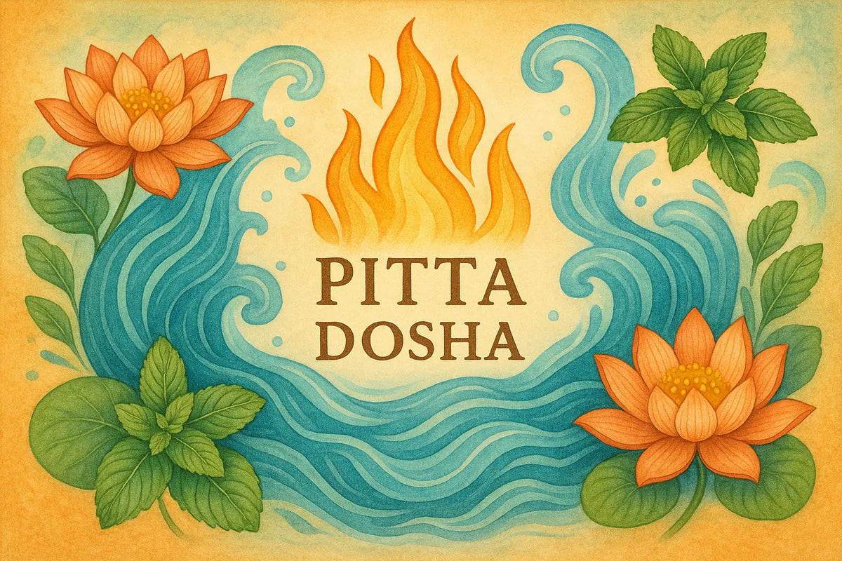 Eine lebendige illustration mit flamme, blauem wasser, orangen lotusblumen und minzblättern für pitta dosha balance