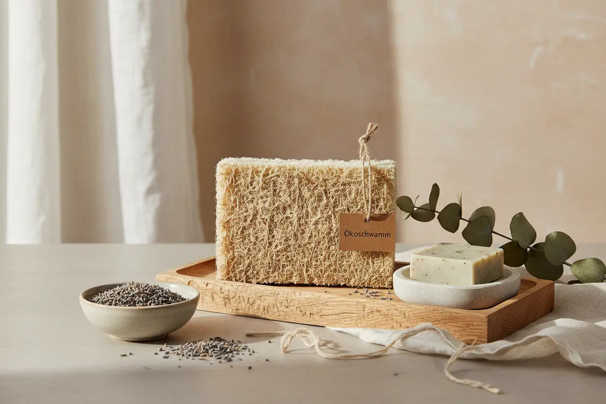 Natürlicher loofah schwamm mit rustikaler struktur und holzetikett als nachhaltiges reinigungszubehör im mana shop
