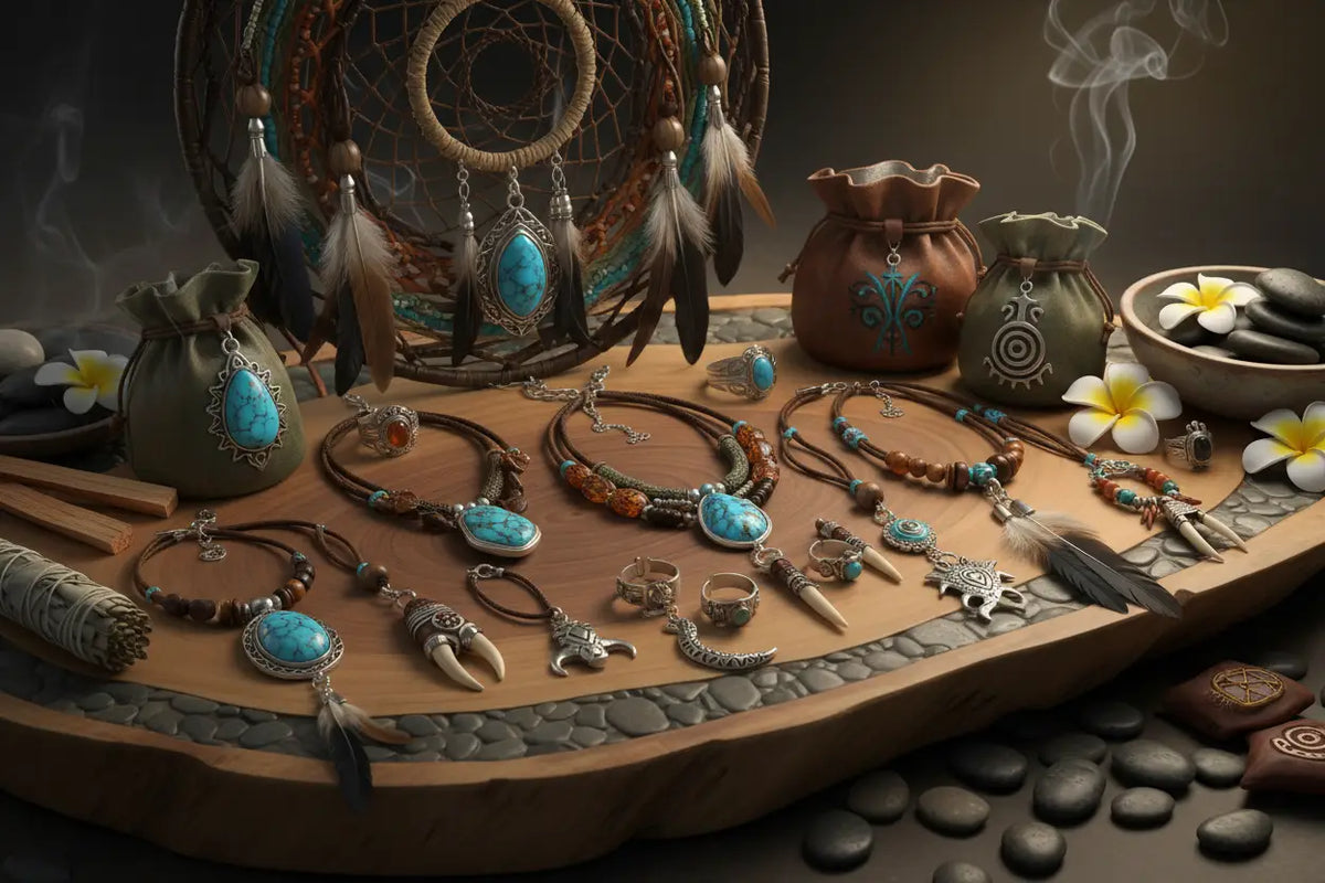 Turquoise stein anhänger halskette mit braunem lederband und silbernen akzenten aus organischen materialien im schamanischen schmuckstil