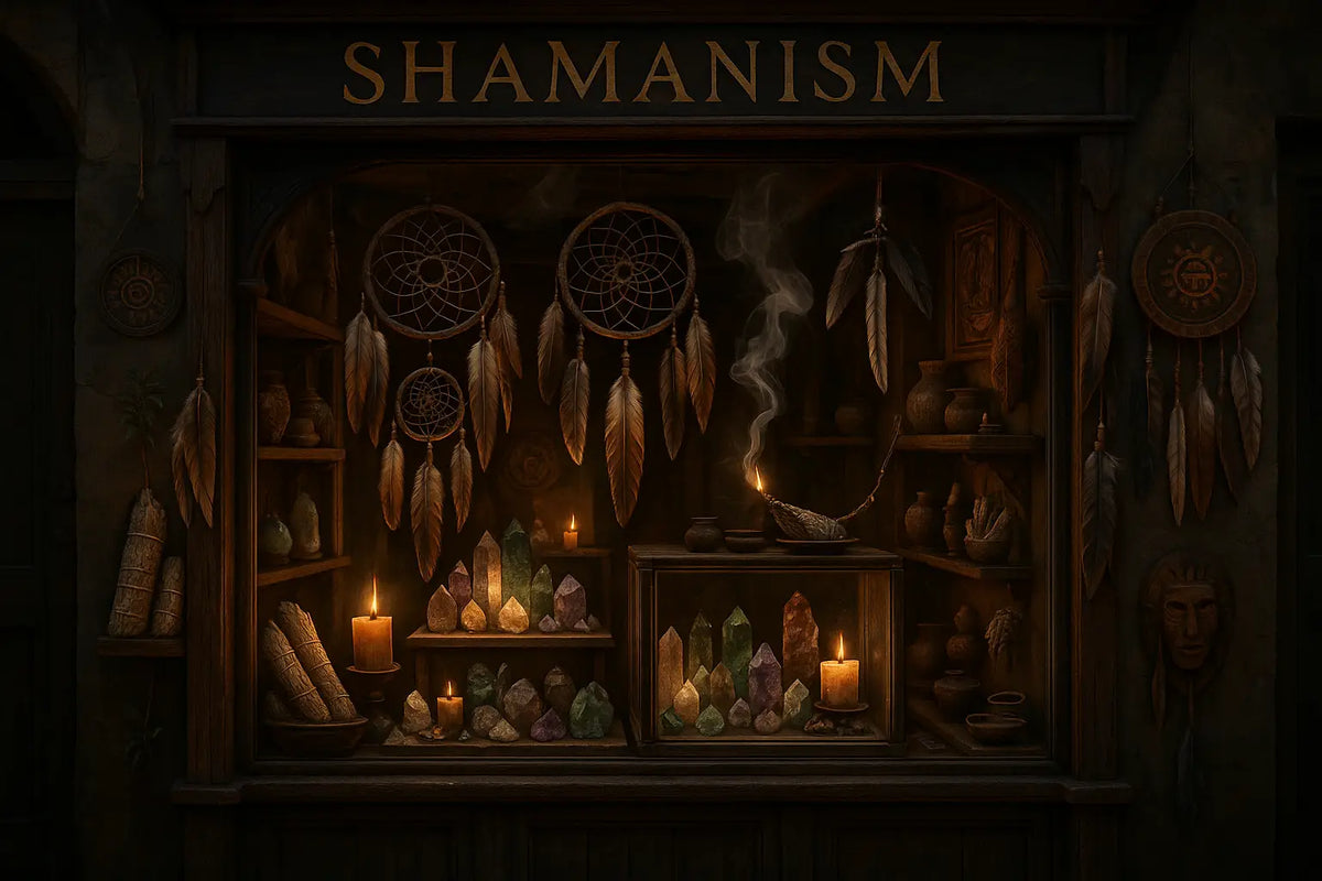 Eine sammlung schamanismus shop mit traumfängern aus braunen federn und bunten kristallen in der spirituellen welt
