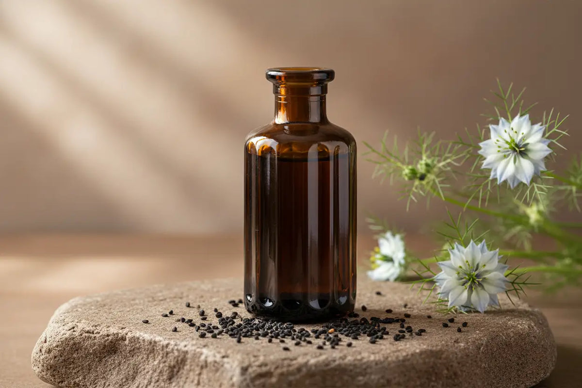 Ein dunkles bernsteinfarbenes glasfläschchen mit schwarzkümmelsamen und weißen blüten zur unterstützung von immunsystem verdauung