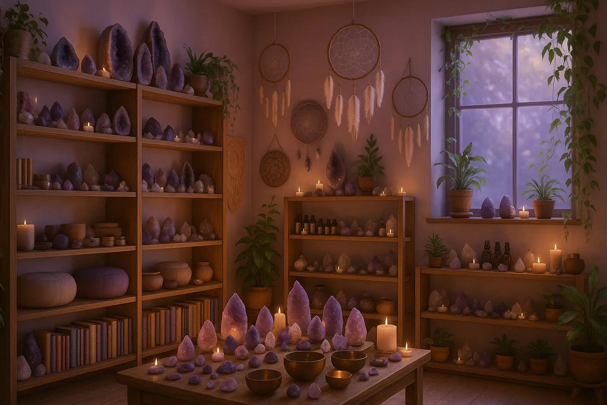 Lila amethyst geoden und kristalle auf holzregalen und tisch bei warmem kerzenlicht im spirituellen shop mana shop