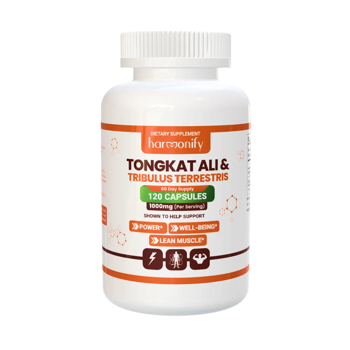 Weiße plastikflasche harmonify tongkat ali und tribulus terrestris kapseln mit orangebraunem etikett 120 kapseln