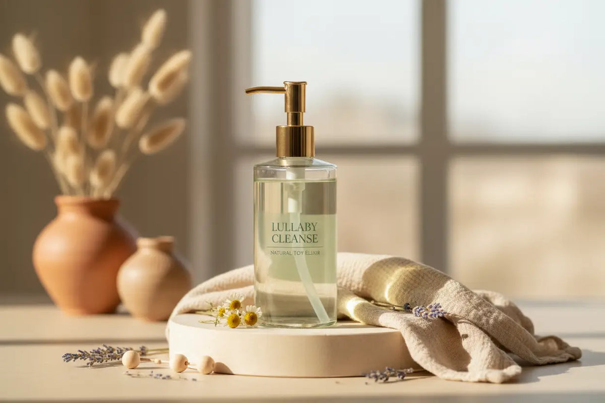 Klare glasflasche mit goldfarbenem pumpenspender lullaby cleanse und grünem flüssigen inhalt für toy reinigung hygienische pflege