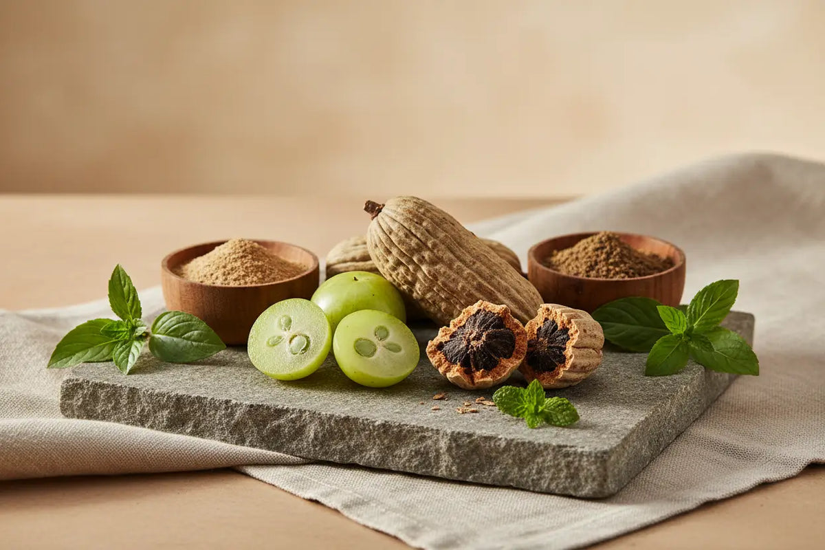 Ein rustikaler stein mit frischen grünen triphala ayurveda fruchtscheiben, schalen und pulvern zur verdauung reinigung im mana shop