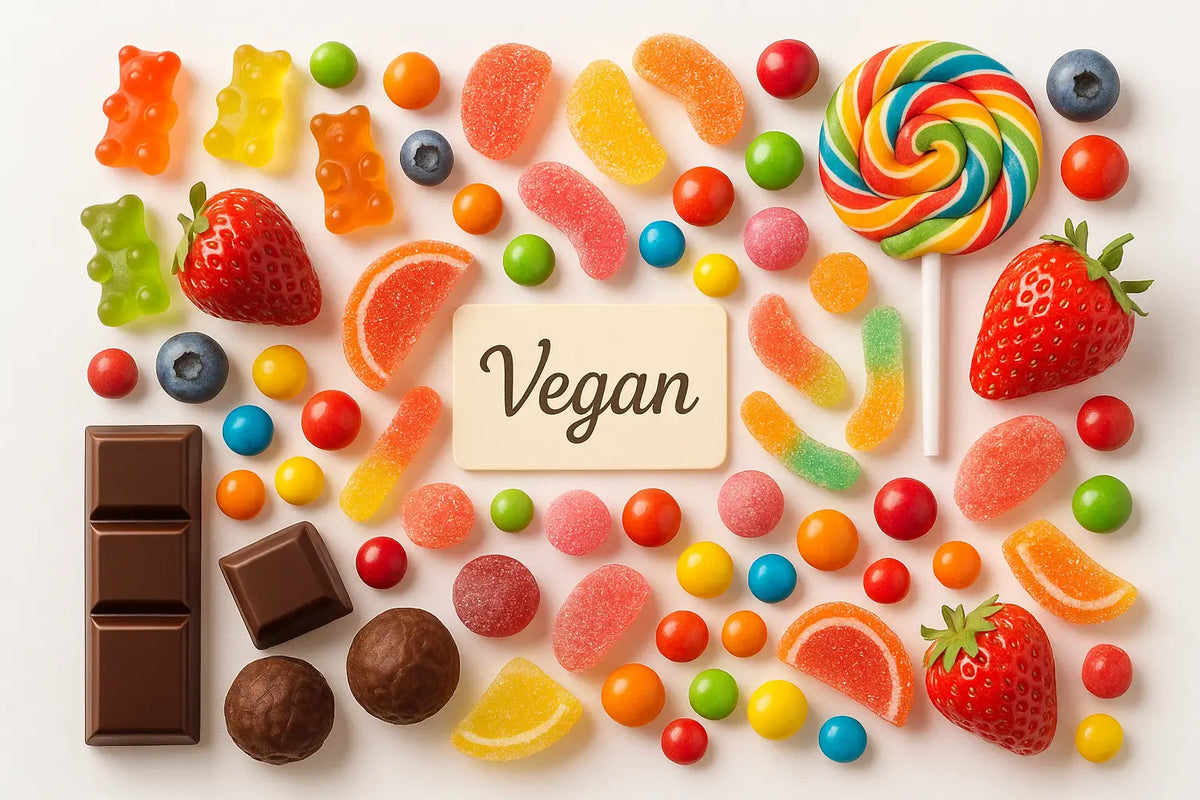 Bunte vegane süssigkeiten mit gummy bears, fruchtformen, regenbogenlutscher und veganer schokolade als hochwertige alternativen online