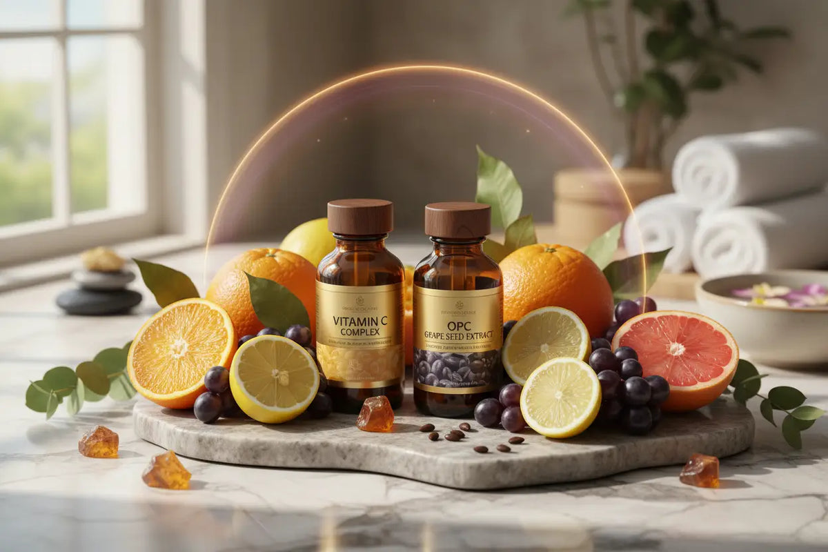 Zwei bernsteinfarbene glasflaschen vitamin c complex und opc grape seed extract auf marmorablage mit zitronen und trauben für vitamin c opc opc kapseln