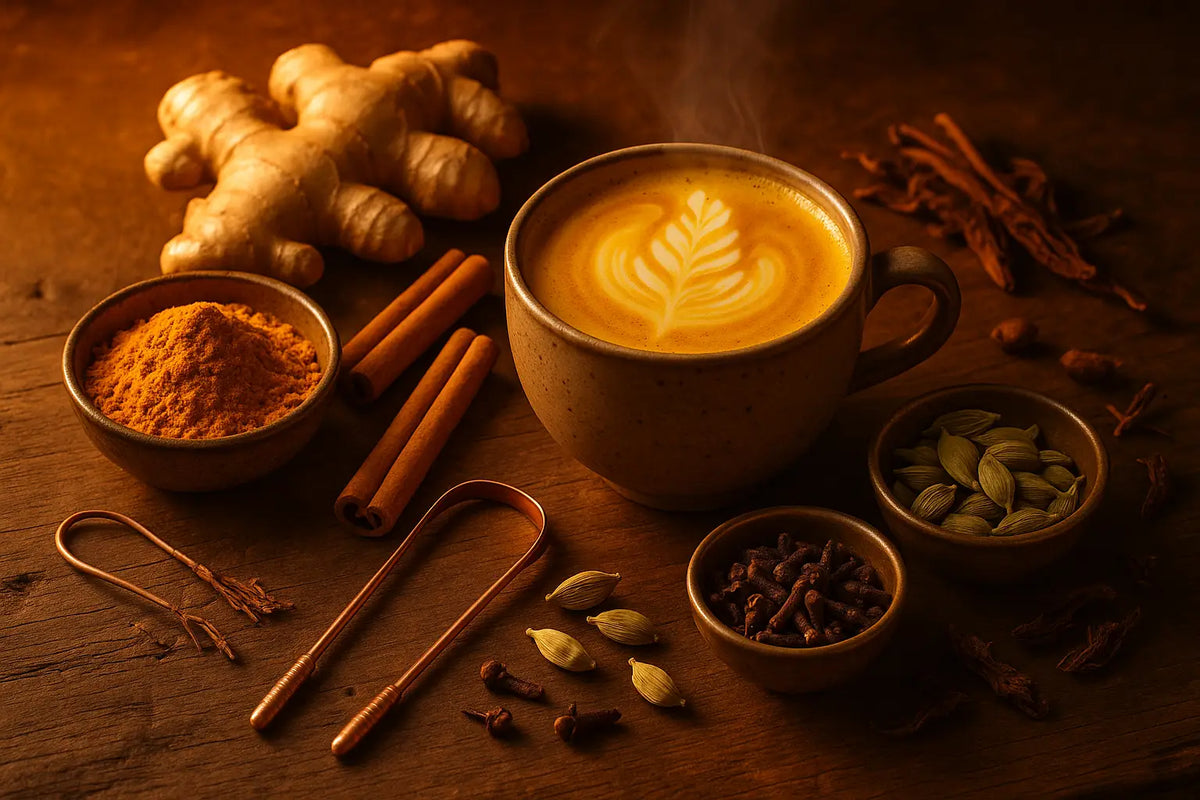 Ein dampfender latte mit latte art in einem rustikalen keramikbecher mit blattmotiv aus der wärmend kollektion im mana shop