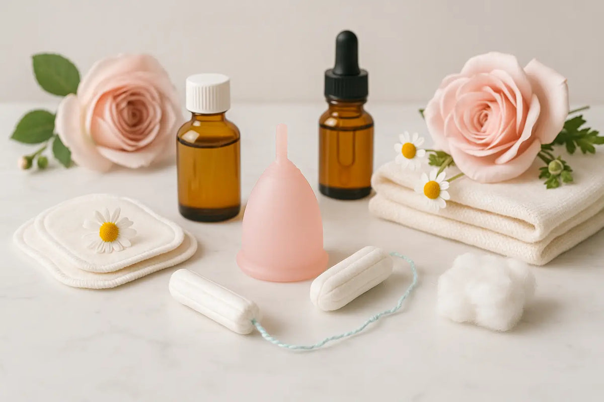 Pink silikon menstruationstasse aus der yoni pflege kollektion mit yoni eier und massageölen