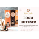 Drei Kartons und eine ausgepackte Flasche Ayurveda Raumduft-Diffusoren mit Stäbchen, die für Heimdekoration werben