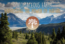 Eine Werbegrafik für Kieselgur vor einem Hintergrund mit Bergen und Wald, mit dem Text „DIATOMACEOUS EARTH HARNESSING THE POWER OF NATURE“.