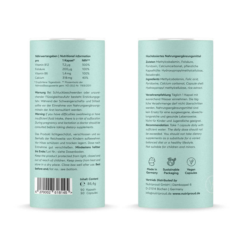 Nutriproud GmbH - Wohlfühlen: Vitamin B12 mit Folsäure + B6 + Calcium