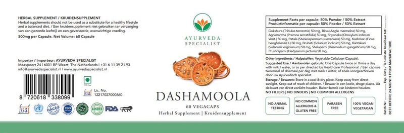 Ayurveda Specialist B.V. - Dashamoola - 60 Vegacaps – Traditionelle Ayurveda-Wurzelmischung für Gesundheit & Vitalität