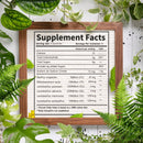 Eine "Supplement Facts"-Tabelle für Gummibärchen, detailliert die Nährwerte und verschiedene Probiotika-Stämme und deren Mengen, umgeben von grünen Blättern.