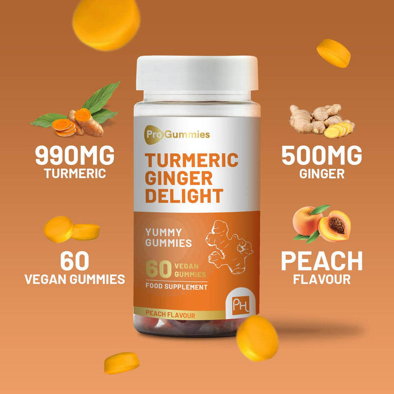 Eine Flasche Pro Gummies Kurkuma-Ingwer-Genuss mit 60 veganen Gummibärchen, 990 mg Kurkuma, 500 mg Ingwer und Pfirsichgeschmack.