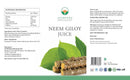 Detailliertes Produktetikett für „Neem Giloy Juice“ mit Nährwertangaben, Inhaltsstoffen und Verzehrempfehlungen.