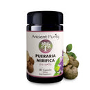 Eine schwarze Flasche des Nahrungsergänzungsmittels Ancient Purity Pueraria Mirifica, die 120 Kapseln zu je 250 mg enthält. Das Etikett zeigt die Wurzel, eine Blüte und ein Logo mit dem Lebensbaum-Symbol.