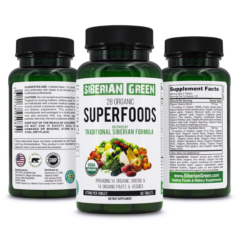 28 Superfoods Siberian Green Formula 60 Tabletten — Ätherisches Grünzeug aus zertifiziertem biologischem Anbau, nahrhaftes Obst und Gemüse