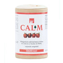 Ein zylindrischer Kartonbehälter eines Nahrungsergänzungsmittels namens CALM von ERBAVOGLIO mit einer Reihe von Äpfeln auf dem Etikett. Der Text identifiziert es als „Integratore alimentare a base di Calcio e Aceto di Mele“ in „capsule vegetali“ .