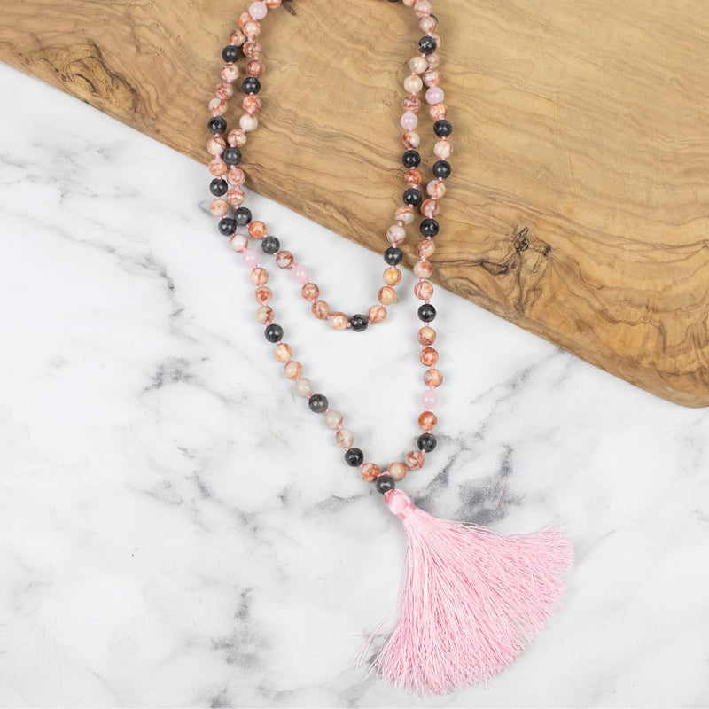 Mala Pearl Necklace - Healing Labradorite Rose Quartz