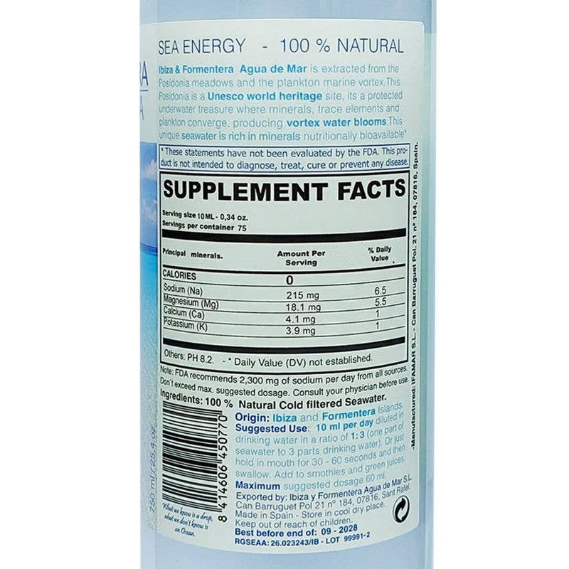 Nahaufnahme des Etiketts einer Marine-Plasma-Flasche mit Nährwertangaben und Anweisungen.