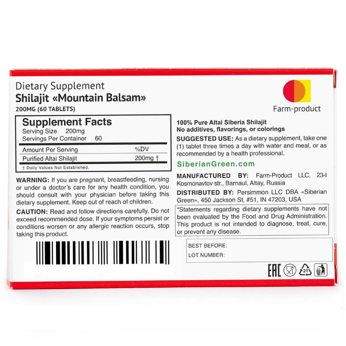 SiberianGreen Bergbalsam mit reinem Shilajit, 120 Kapseln, Nahrungsergänzung, natürliche Mumio-Formel in Dose