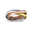 Drei ineinandergreifende Ringe aus Weiß-, Rosé- und Gelbgold mit einem kleinen Diamanten.