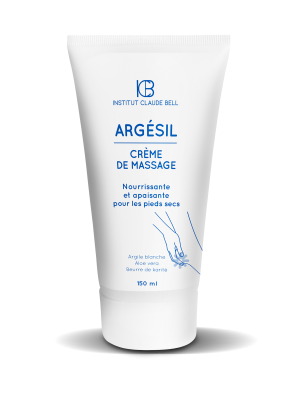 Weiße Tube 'Argésil Crème de Massage' von Institut Claude Bell, 150 ml, nährende und beruhigende Creme für trockene Füße, angereichert mit weißer Tonerde und Aloe Vera, auf weißem Hintergrund.