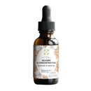 Eine isolierte bernsteinfarbene Flasche "Conseil Fleur de Bach DEVOIRS & CONCENTRATION Sommeil et sérénité" mit Pipette und einem Etikett mit Blumenmuster, die den alkoholfreien Bachblütenmix für Hausaufgaben und Konzentration darstellt.