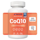 Eine Flasche Harmonify CoQ10 Nahrungsergänzungsmittel, 120 Kapseln, 120mg pro Portion, zur Unterstützung von Herz & Energie, hervorhebend "Hergestellt in den USA" sowie GMP-, Glutenfrei-, GVO-frei- und Labortest-Zertifizierungen.