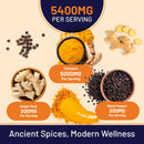 Eine Infografik, die die Dosierung von 5400 mg Kurkuma, Ingwer und schwarzem Pfeffer pro Portion zeigt.