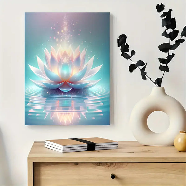 Art mural en toile de fleur de lotus lumineuse avec cadre en bois