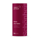 Eine Nahaufnahme einer Produktdose mit der Aufschrift "Biotin plus Selen" von Nutri Proud, die ein kastanienbraunes Design mit weißem Text zeigt. Es wird angegeben, dass das Produkt Vitamin C, Zink und Verisol enthält und 90 vegane Kapseln umfasst.