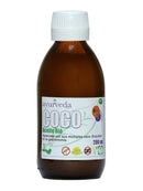 Braune Glasflasche Kokosöl (200 ml) der Marke Ayurveda, vorderseitig beschriftet mit "COCO Aceite Bio", Bio-Zertifizierung und dem Hinweis "100% Natural, OMG, Gluten-Free".