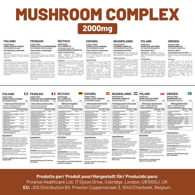 Eine detaillierte Darstellung des Prowise Mushroom Complex, einschließlich Nährwerttabellen und Anwendungsinformationen in mehreren Sprachen wie Italienisch, Französisch, Deutsch, Niederländisch, Polnisch und Schwedisch.