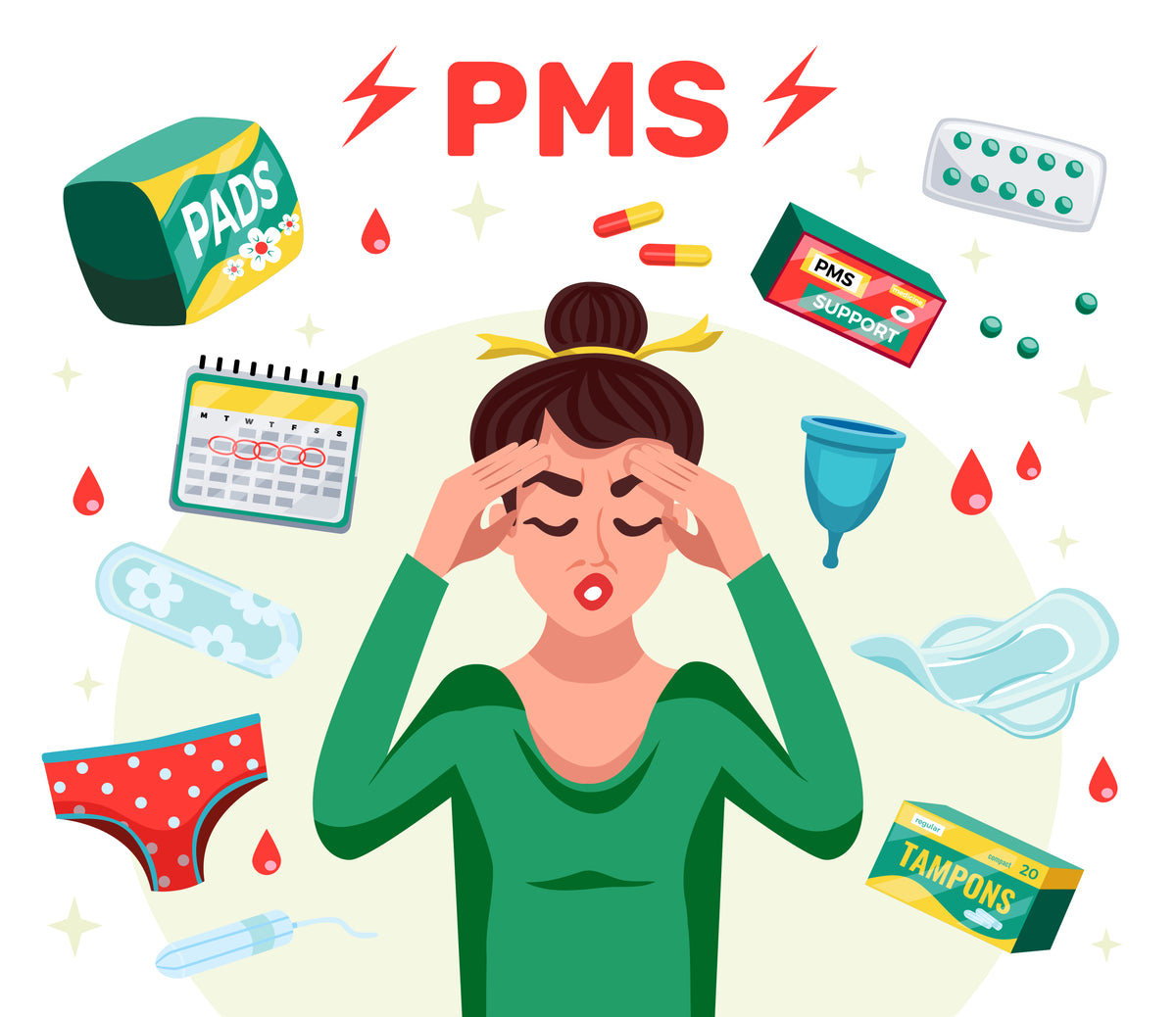 Illustration einer Frau mit PMS-Symptomen umgeben von Menstruationsprodukten wie Pads und Tampons.