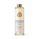 Produktfoto einer hohen weißen Flasche „Eliah Sahil Organic Oil Body & Hair Argan“ mit einem hellbraunen Etikett und goldenem Logo, das besagt, dass es pflegend und regenerierend für alle Haut- und Haartypen ist.